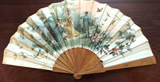 Antique Hand Painted Victorian Double Sided Silk Fan with wood guard and ribs