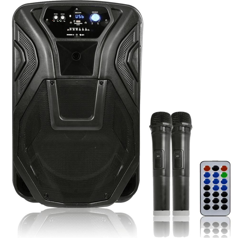 15"" Busker PA with VHF Mics Media Player with USB SD FM Bluetooth and Battery