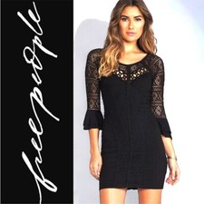 FREE PEOPLE City Girl BodyCon Textured Lace Trim Mini Dress in Black Size Small