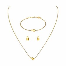 Stainless Steel Lock Pendant Necklace Earring Stud Bracelet Jewelry Set Women