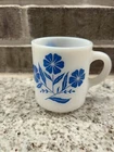 Vintage HAZEL ATLAS Blue Cornflowers On White Milk Glass Coffee Mug Glass