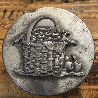 Longaberger Baskets Silver Storage Tin With Woven Pewter Basket Of Apples Accent