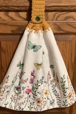 Double hanging kitchen towel flowers butterflies garden Crocheted gold top