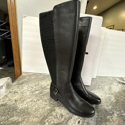 Isaac Mizrahi Live Wide Calf Leather & Stretch Riding Boots Buckle Black 8.5W - Picture 7 of 13