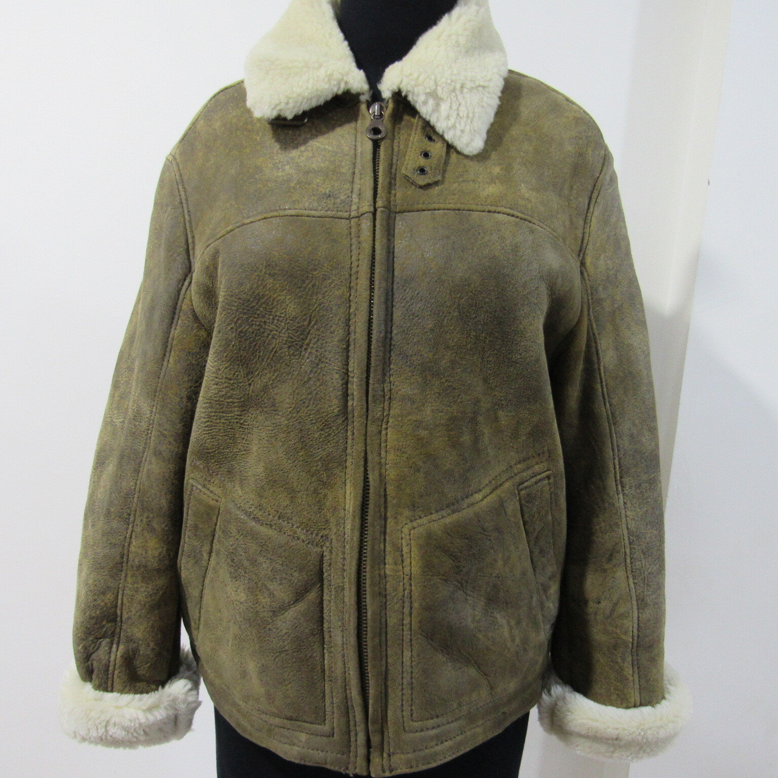 Vintage Marlboro Classics Leather Flying Jacket Women UK 10 Green Sheepskin Coat