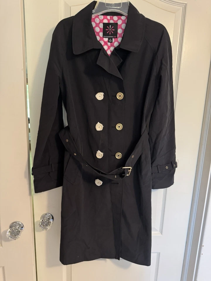 Nuevo ISAAC MIZRAHI PEQUEÑO NEGRO DOBLE BOTONADURA CINTURÓN TRENCH ROSA FORRADO A LUNARES Foto 4 de 4