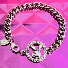 Playboy Bracelet Bunny Charm Silver Platinum Plated Swarovski Crystal NEW 8”