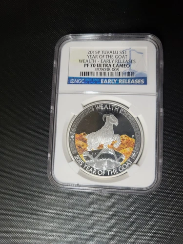 2015 Tuvalu S$1 Lunar Goat Wealth 1oz Silver Colorized Coin NGC PF70 UCM ER
