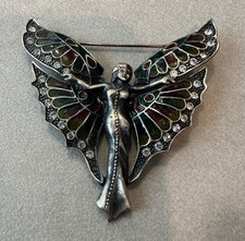Silver-tone Enamel/Rhinestone Large 3" FAIRY NYMPH BROOCH Vintage Art Nouveau