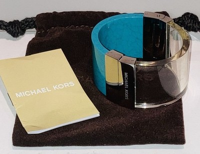 MICHAEL KORS VINTAGE RARE SIGNATURE HINGED CLEAR/TURQUOISE WIDE CUFF EXCELLENT!