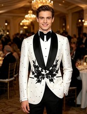 Men Jacquard Suit Rhinestone Formal Tuxedo Jacket Satin Shawl Lapel Prom Wedding