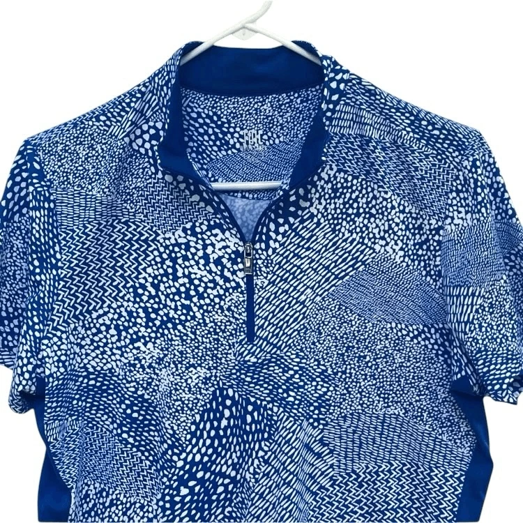 Polo de golf cola etiqueta blanca talla L azul blanco estampado abstracto cuarto cremallera St Foto 2 de 4