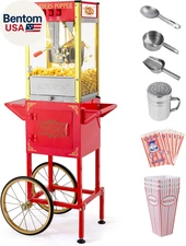 Popcorn Machine with Cart, Wheels & 8 Oz Kettle Makes up to 32 Cups ETL Certifie