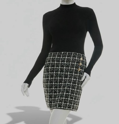 Bcx Juniors' Women's Black Combo Tweed Skirt Long-Sleeve Dress Size L