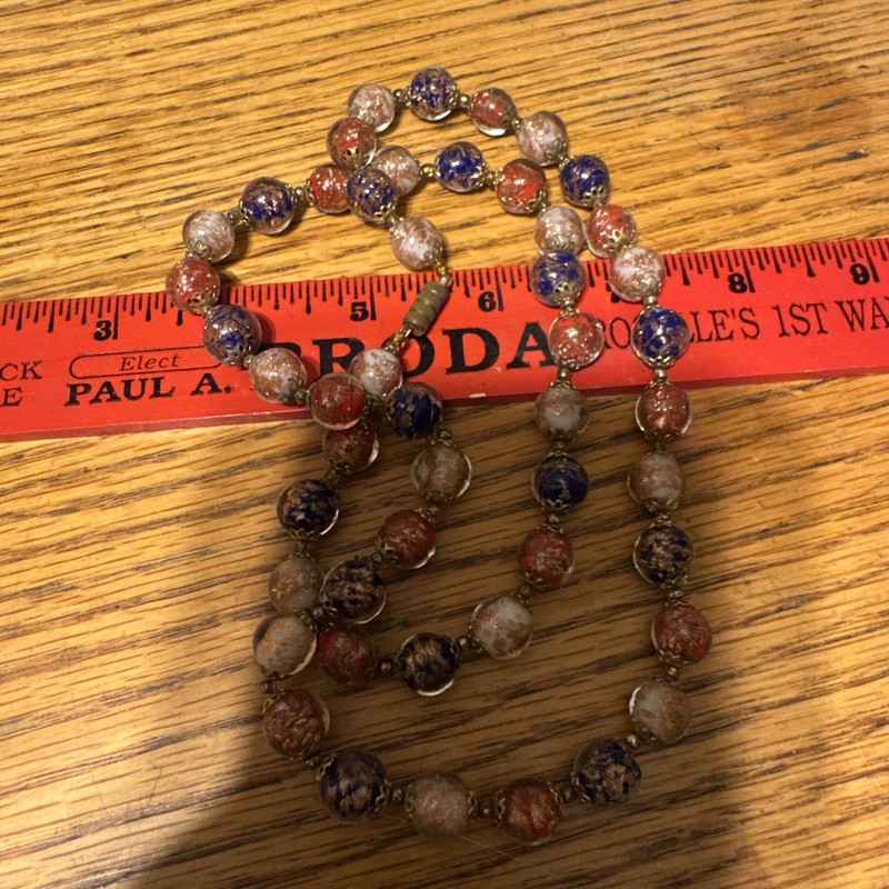 Antique Vintage Art Deco Cased Art Glass Foil Beads Long Necklace Estate Rare