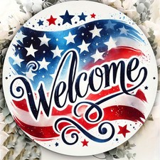 USA Flag Welcome Patriotic Metal Sign 4th Of July Independence Day Door Decor
