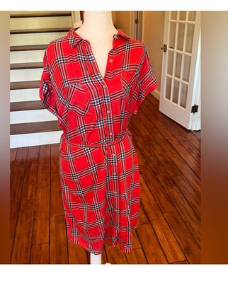 Maurices Red Plaid Button Front Collared Shirt Dress Pockets Knee Length L