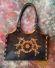 Vintage Tooled-Leather Tote - Dark Gray/Teal