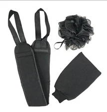 Body Scrubber Shower Set , Back Scrubber, Sponge Pad & Loofah Mesh. BLACK