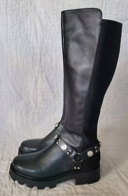 KARL LAGERFELD Milla Rhinestone Tall Leather & Neoprene Lug Sole Boots 7 M NEW