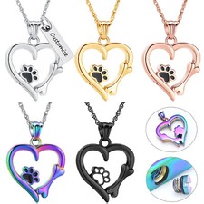 Paw Print Heart Pet Urn Pendant Cremation Jewelry Ashes Holder Memory Necklace