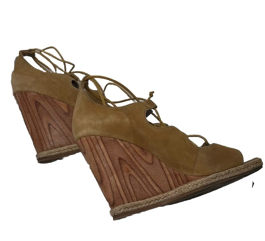 Tory Burch 7 5 sandali donna scamosciati stringati zeppa tacco marrone marrone chiaro punta aperta