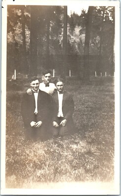 1920s Three Men in Suits on Their Knees Outdoor Portrait Antique Vintage Photo