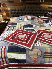 Pottery Barn kids SPORTS Patchwork Quilt  2 Shams REVERSIBLE 84  X 85  