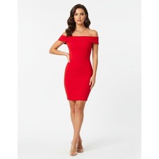 Halston Heritage Smooth Operator Sheath Off the Shoulder Dress in Lipstick Red S