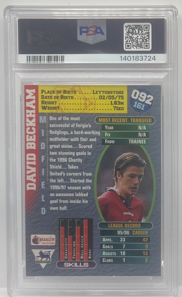 1996 Merlin's Premier Gold #92 David Beckham PSA 9 Manchester United MUFC Legend view 2