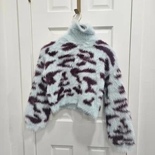 Lulus Fuzzy Faux Fur Long Sleeve Turtleneck Sweater Light Blue Burgundy XS