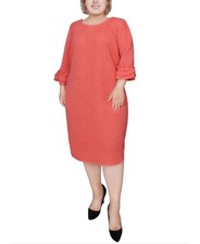 NY Collection 3/4 Sleeve Textured Knit Dress Coral Red Plus Size 1X MSRP $60