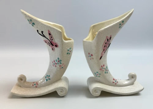 2 Vintage Hull B2 1956 Art Pottery USA Pink & Blue Cornucopia Vase Butterflies