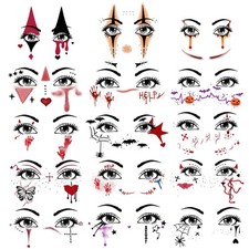 15 Sheets Halloween Full Face Tattoos Stickers, Costume Face Art With Clown, ...