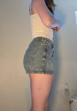 Blue Denim Mini Skirt High Rise Cotton Casual with Pockets and Button