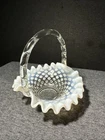 Fenton Hobnail Flower Basket Aqua Blue Crimped Handle Vintage Rare Collectible