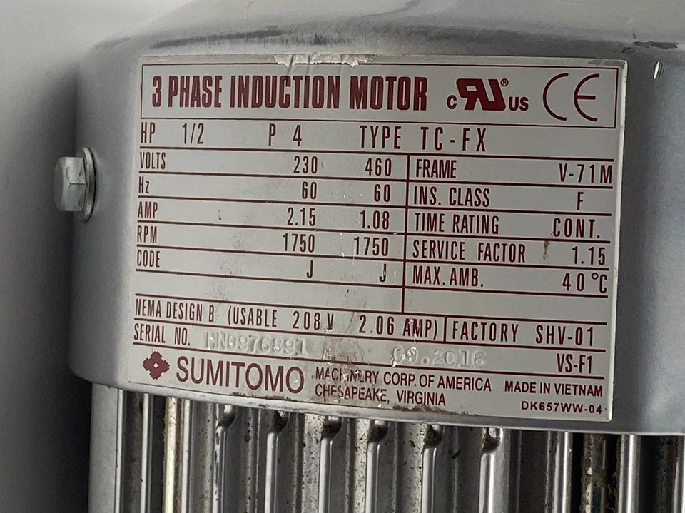 Motor de inducción trifásico Sumitomo HN0976891 TC-FX 0,5 HP/relación reductora de engranajes 5:1 Foto 2 de 4
