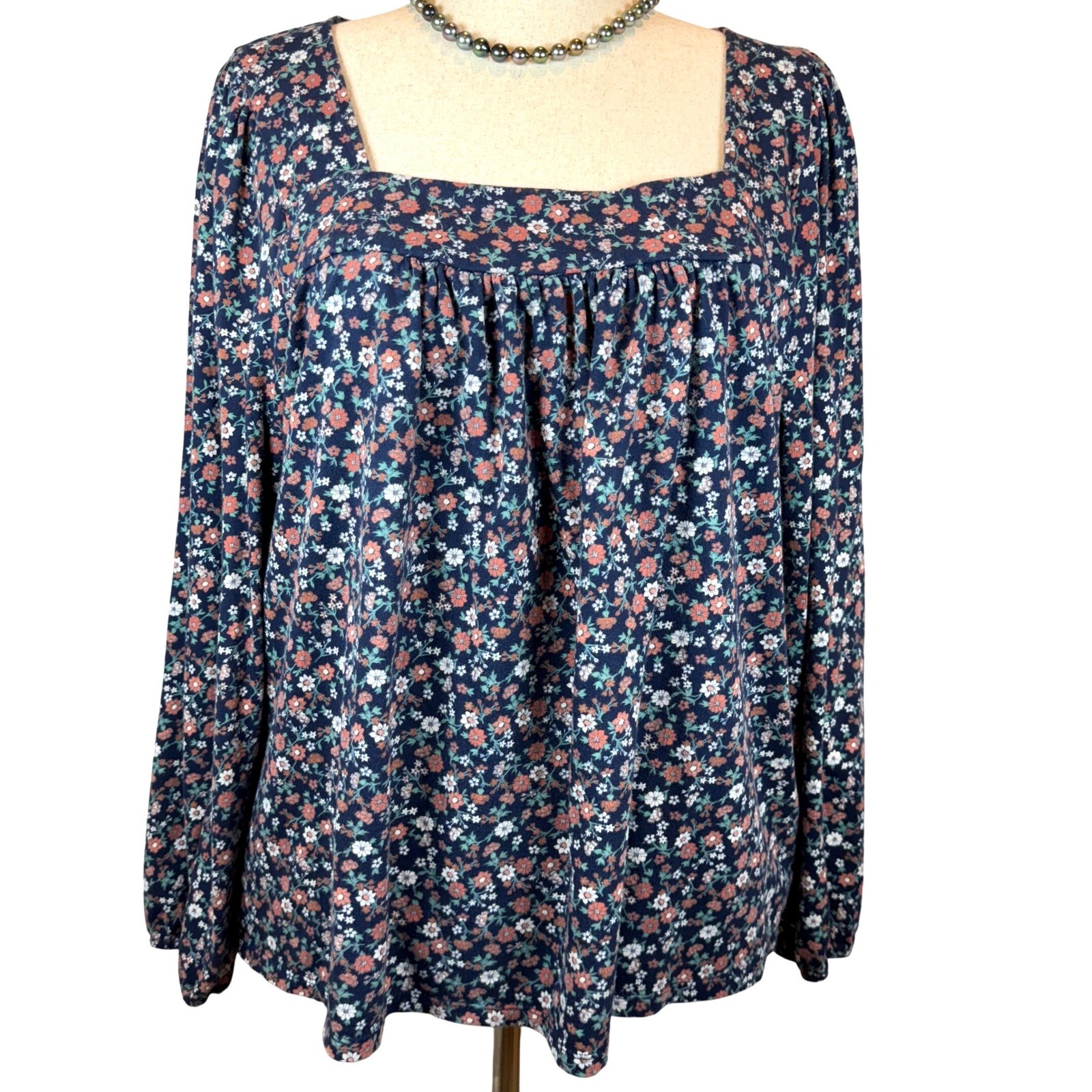 Lucky Brand Navy Blue Romantic Floral Cottagecore Peasant Blouse Women's 2XL