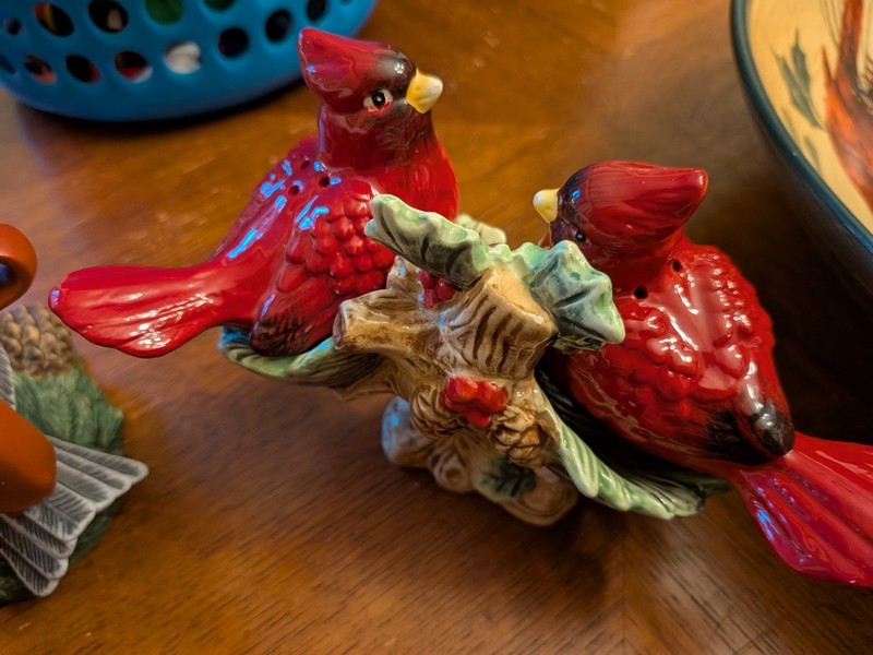 Red Bird Cardinal Salt & Pepper Shakers & Under Plate Cracker Barrel