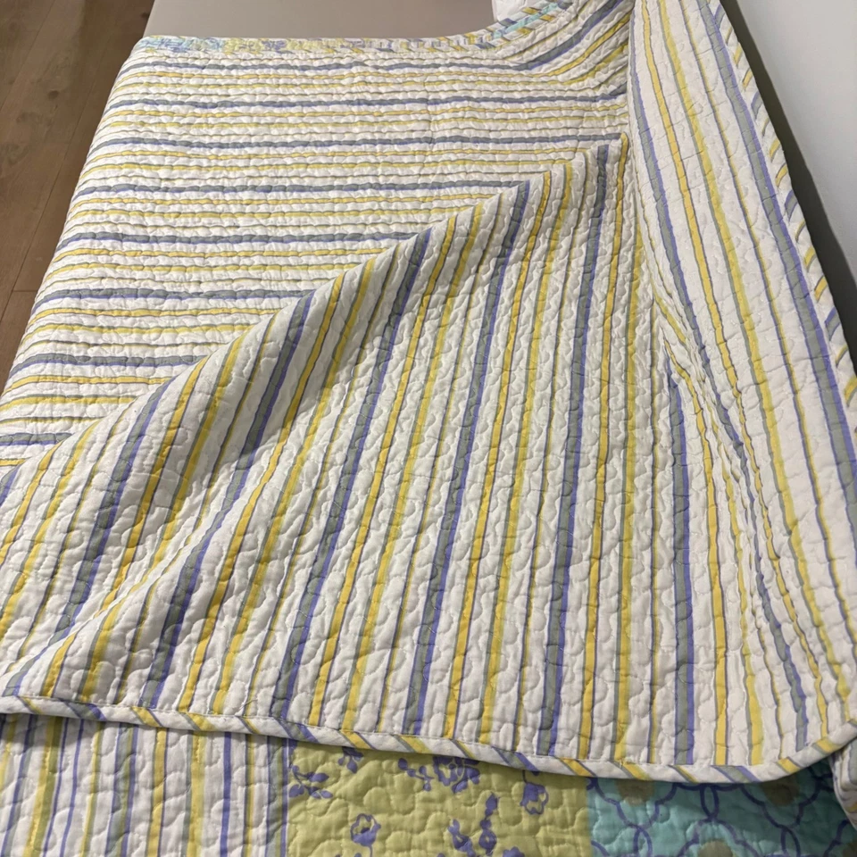 Edredón Reversible Patchwork Completo/Reina Amarillo Azul Floral Rayas 86x86 Algodón Foto 4 de 4
