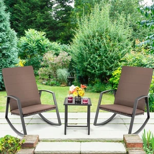 Costway 3PCS Patio Rattan Rocking Chair Table Furniture Set Yard Cushion Gray