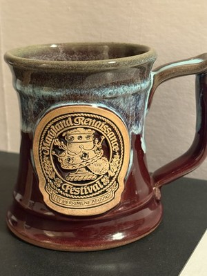 Grey Fox Pottery Let Merriment Abound Renaissance Festival Mug-Red/Blue-*Chip*