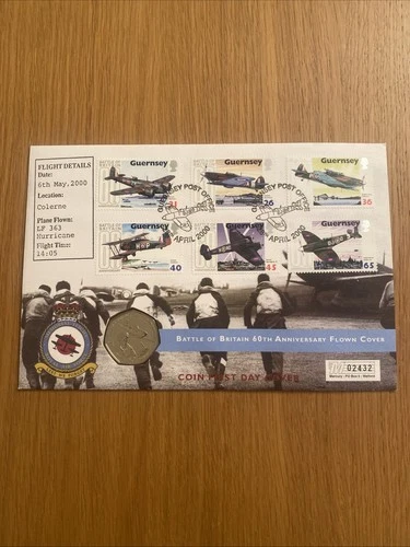 2000 FDC Guernsey Battle of Britain 50p Coin Flown Cover LF363 Hurricane (39101)