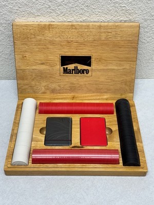 Marlboro Poker Set Wooden Case Red White Black Chips Complete Vintage