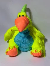 STUFFINS Dinosaur PTERODACTYL plush NEON Yellow nylon SQUEAKS Wings 15” Vintage