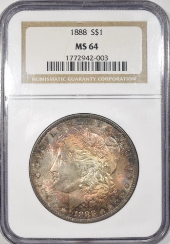 1888 MORGAN DOLLAR ~ VIBRANT BLUE/RED PASTEL OBVERSE TONE ~ NGC MS64