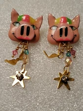 Vintage Lunch at the Ritz Enamel & Rhinestone Earrings Pig Face