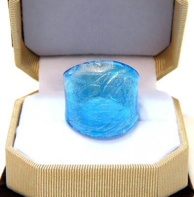 Bright Blue with Silver Fleck Cracked Paint Hand Blown Glass Bling Ring Sz 8.25