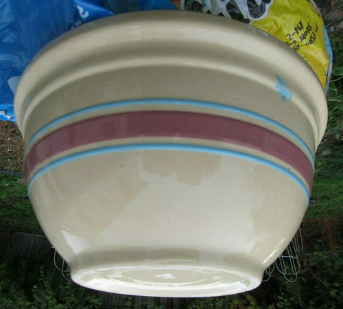 Vintage McCoy Pottery 12" Oven Ware Bowl w/Pink and Blue Stripes nice with flaws