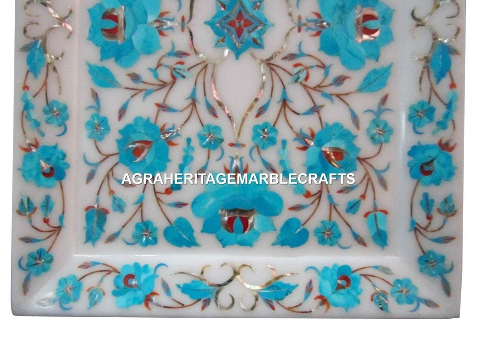 9"x12" Marble Serving Tray Plate Turquoise Inlay Marquetry Kitichen Decor H1404 - Image 3 of 4